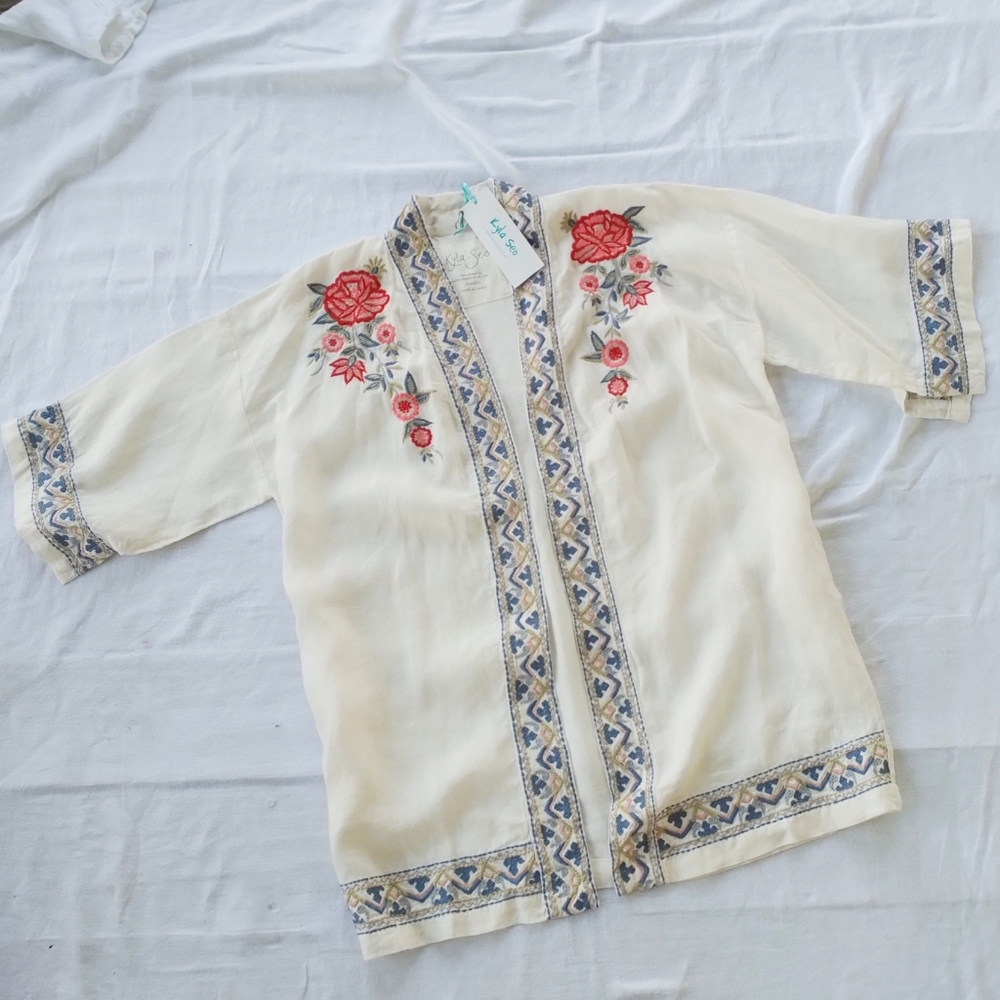 Anthropologie Boho Kyla Seo Embroidered Linen Kimono Jacket Small White